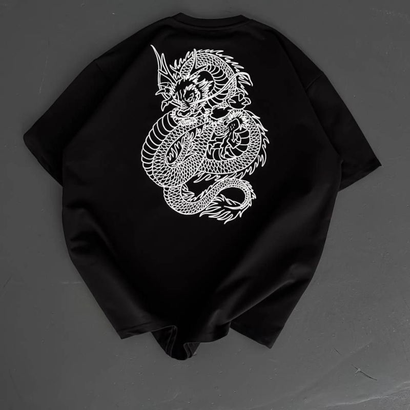 Baskılı Oversize Bisiklet Yaka T-shirt - Siyah -