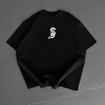 Baskılı Oversize Bisiklet Yaka T-shirt - Siyah -