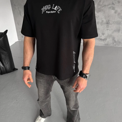 Baskılı Oversize T-Shirt - Siyah -