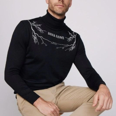 Baskılı Tam Boğazlı Uzun Kol Dokuma Triko - Siyah