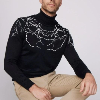 Baskılı Tam Boğazlı Uzun Kol Dokuma Triko - Siyah