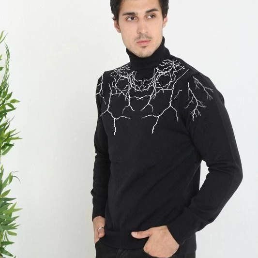 Baskılı Tam Boğazlı Uzun Kol Dokuma Triko - Siyah