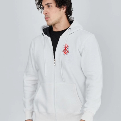 Baskılı Tam Fermuarlı Kapşonlu SweatShirt - Beyaz -