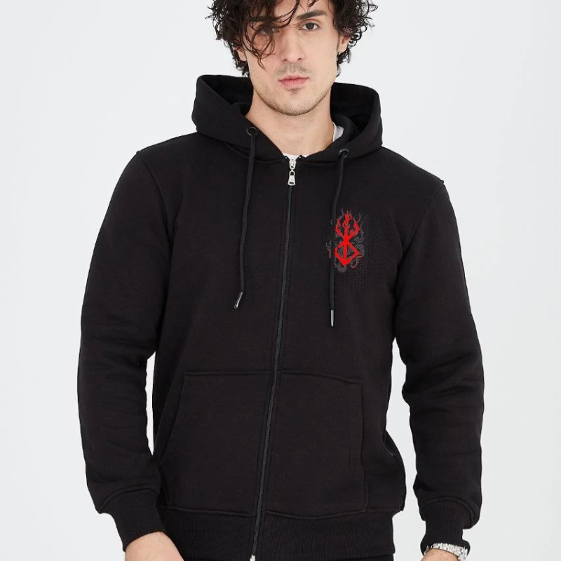 Baskılı Tam Fermuarlı Kapşonlu SweatShirt - Siyah -