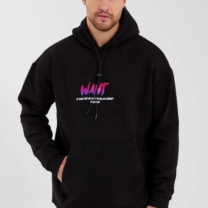 Baskılı Üç İplik Kapüşonlu Oversize Sweatshirt - Siyah -