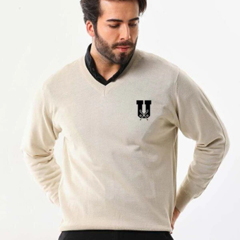 Baskılı V Yaka Uzun Kol Dokuma Triko - Bej -