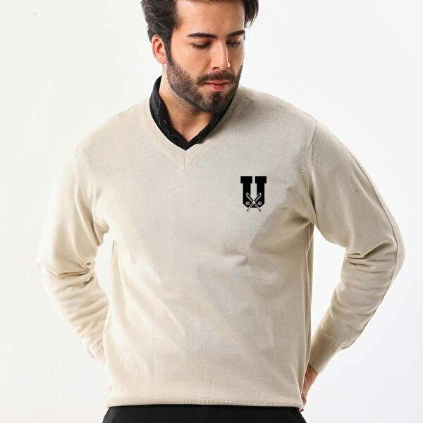 Baskılı V Yaka Uzun Kol Dokuma Triko - Bej -