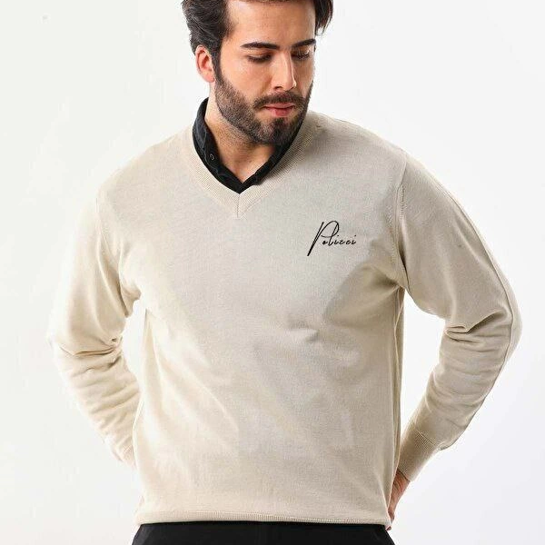 Baskılı V Yaka Uzun Kol Dokuma Triko - Bej -