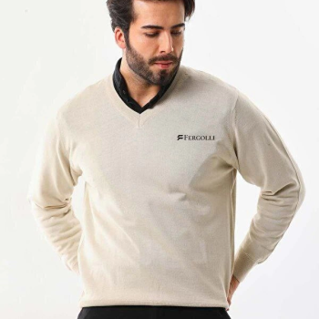 Baskılı V Yaka Uzun Kol Dokuma Triko - Bej -