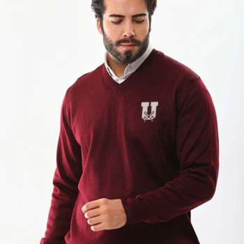 Baskılı V Yaka Uzun Kol Dokuma Triko - Bordo