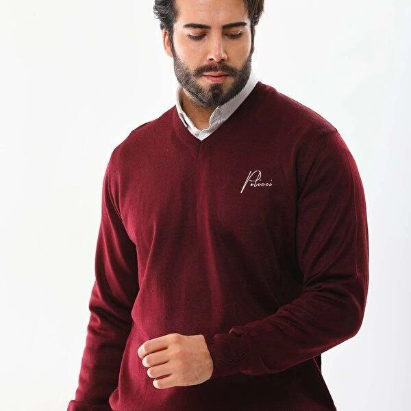 Baskılı V Yaka Uzun Kol Dokuma Triko - Bordo