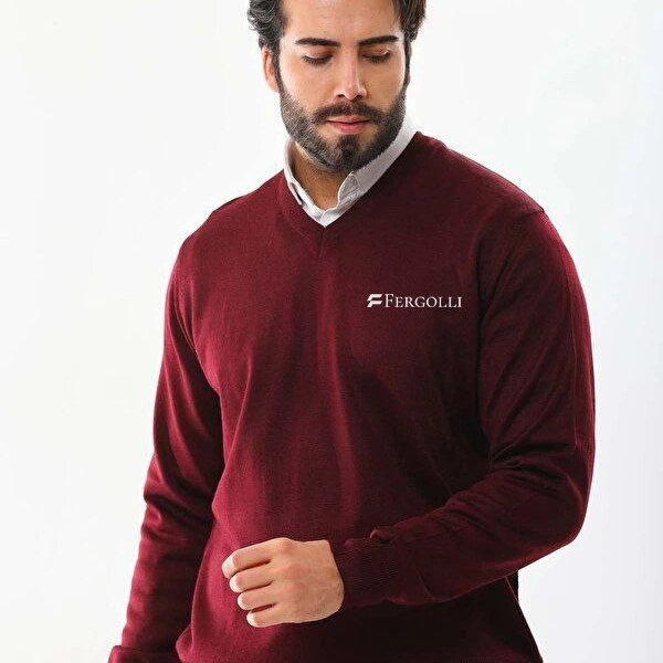 Baskılı V Yaka Uzun Kol Dokuma Triko - Bordo