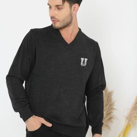 Baskılı V Yaka Uzun Kol Dokuma Triko - Füme -