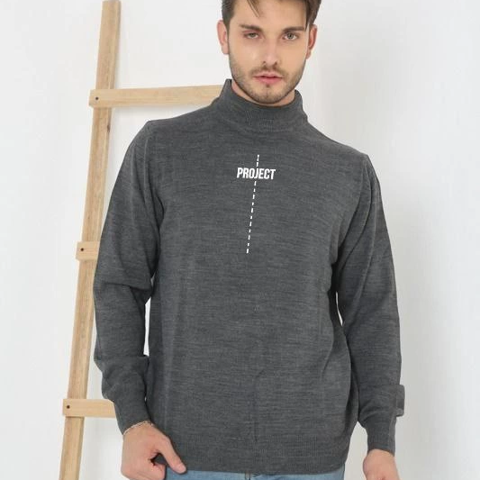 Baskılı Yarım Boğazlı Uzun Kol Dokuma Triko - Füme -