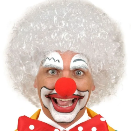 Beyaz Kıvırcık Afro Peruk ve Kırmızı Sünger Burun Seti