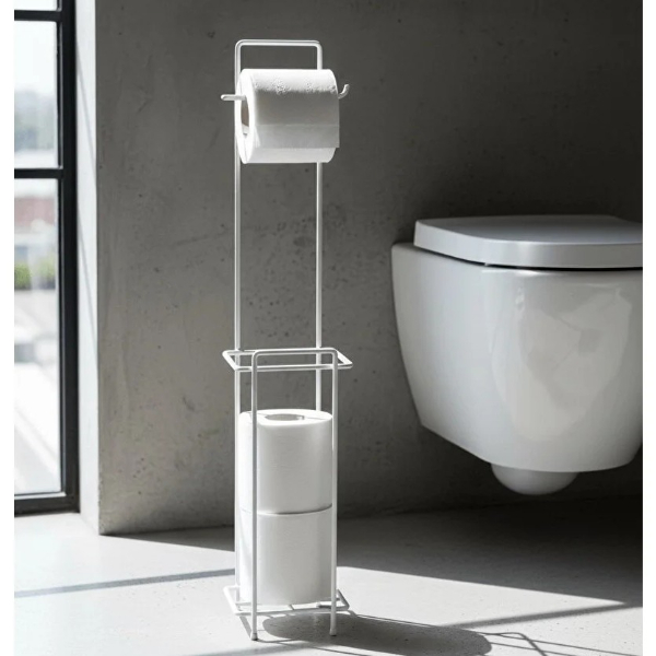 Beyaz Standlı Yedek Hazneli Tuvalet Kağıtlığı 