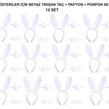 Beyaz Tavşan Kostüm Seti – Taç, Papyon, Kuyruk (12’li Paket)