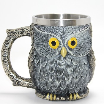 Bilge Baykuş Figürlü 3D Kabartmalı Paslanmaz Çelik Kupa Bardak
