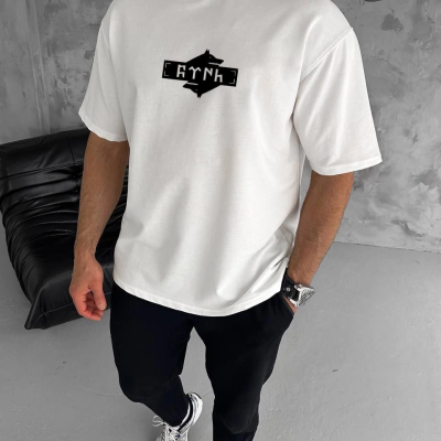 Bisiklet Yaka Baskılı Double Oversize T-Shirt - Beyaz -