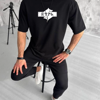 Bisiklet Yaka Baskılı Double Oversize T-Shirt - Siyah -