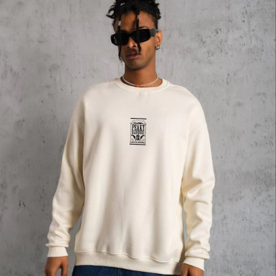 Bisiklet Yaka Baskılı Oversize Sweatshirt - Beyaz -