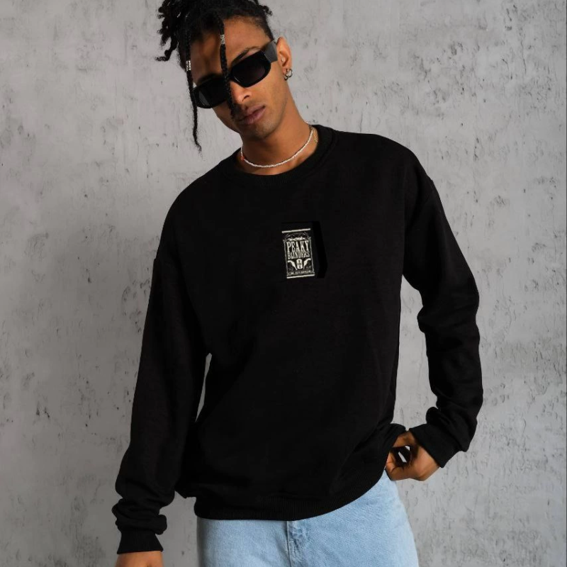 Bisiklet Yaka Baskılı Oversize Sweatshirt - Siyah -