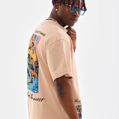 Bisiklet Yaka Baskılı Oversize T-Shirt - Bej -