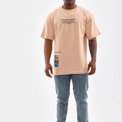 Bisiklet Yaka Baskılı Oversize T-Shirt - Bej -