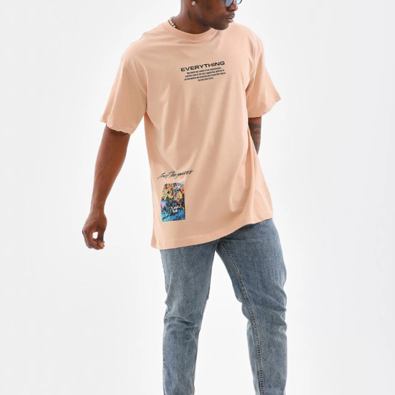 Bisiklet Yaka Baskılı Oversize T-Shirt - Bej -