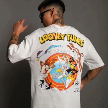 Bisiklet Yaka Baskılı Oversize T-Shirt - Beyaz -