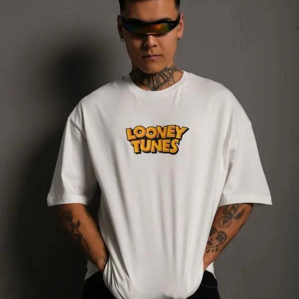 Bisiklet Yaka Baskılı Oversize T-Shirt - Beyaz -