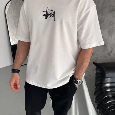 Bisiklet Yaka Baskılı Oversize T-Shirt - Beyaz -