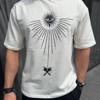 Bisiklet Yaka Baskılı Oversize T-Shirt - Beyaz -