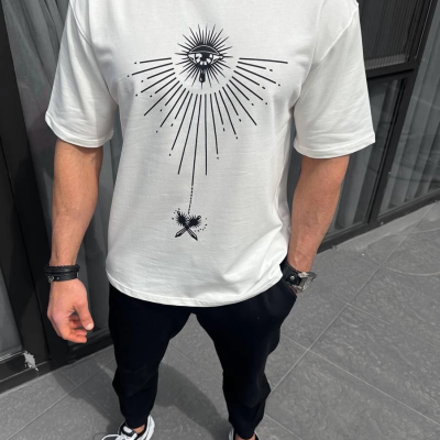 Bisiklet Yaka Baskılı Oversize T-Shirt - Beyaz -