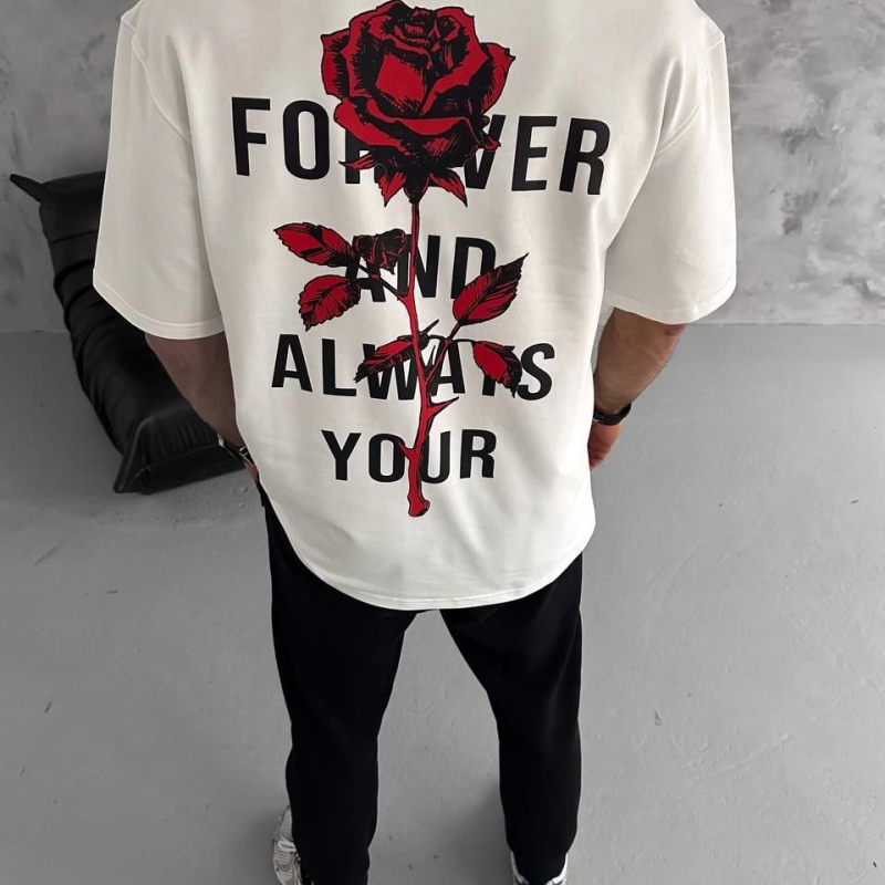 Bisiklet Yaka Baskılı Oversize T-Shirt - Beyaz -