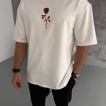 Bisiklet Yaka Baskılı Oversize T-Shirt - Beyaz -