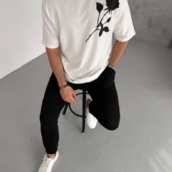 Bisiklet Yaka Baskılı Oversize T-Shirt - Beyaz -