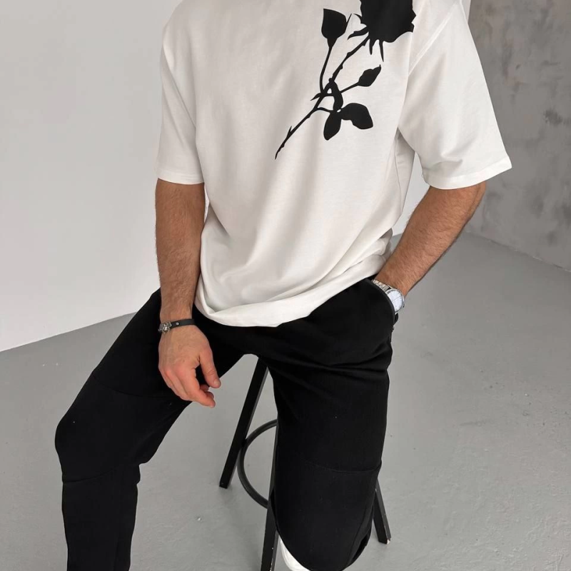 Bisiklet Yaka Baskılı Oversize T-Shirt - Beyaz -