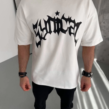 Bisiklet Yaka Baskılı Oversize T-Shirt - Beyaz -