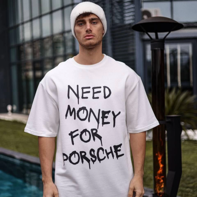 Bisiklet Yaka Baskılı Oversize T-Shirt - Beyaz