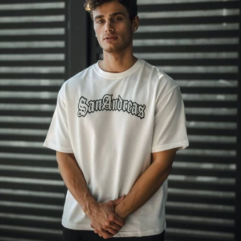 Bisiklet Yaka Baskılı Oversize T-Shirt - Beyaz -