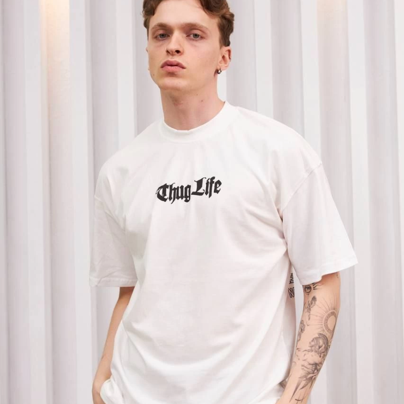 Bisiklet Yaka Baskılı Oversize T-Shirt - Beyaz -