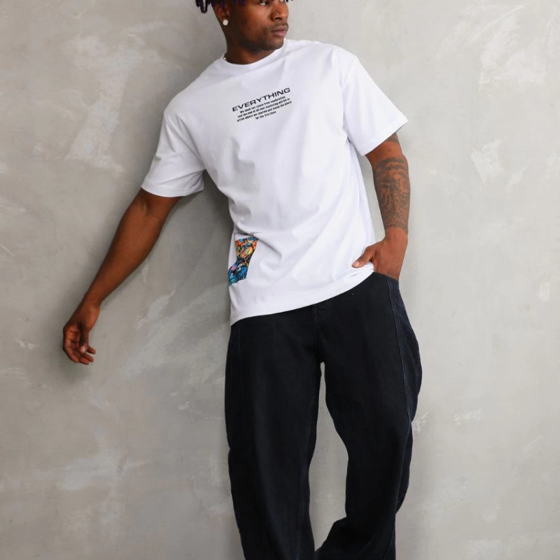 Bisiklet Yaka Baskılı Oversize T-Shirt - Beyaz -