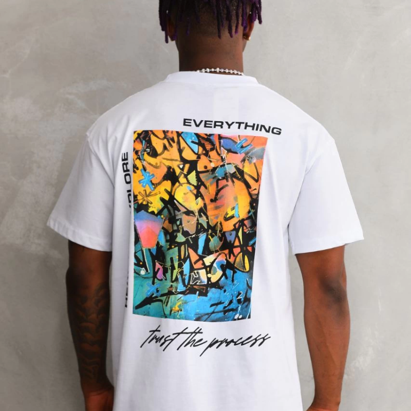 Bisiklet Yaka Baskılı Oversize T-Shirt - Beyaz -