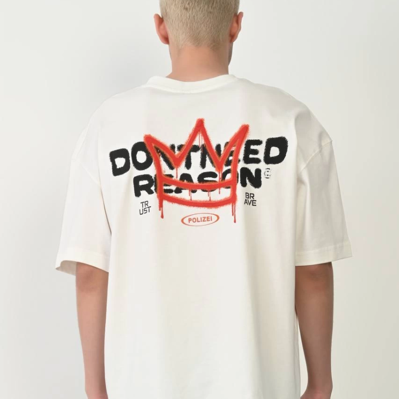 Bisiklet Yaka Baskılı Oversize T-Shirt - Beyaz -