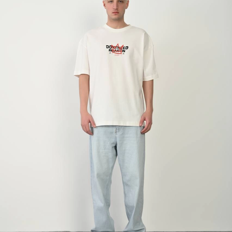 Bisiklet Yaka Baskılı Oversize T-Shirt - Beyaz -