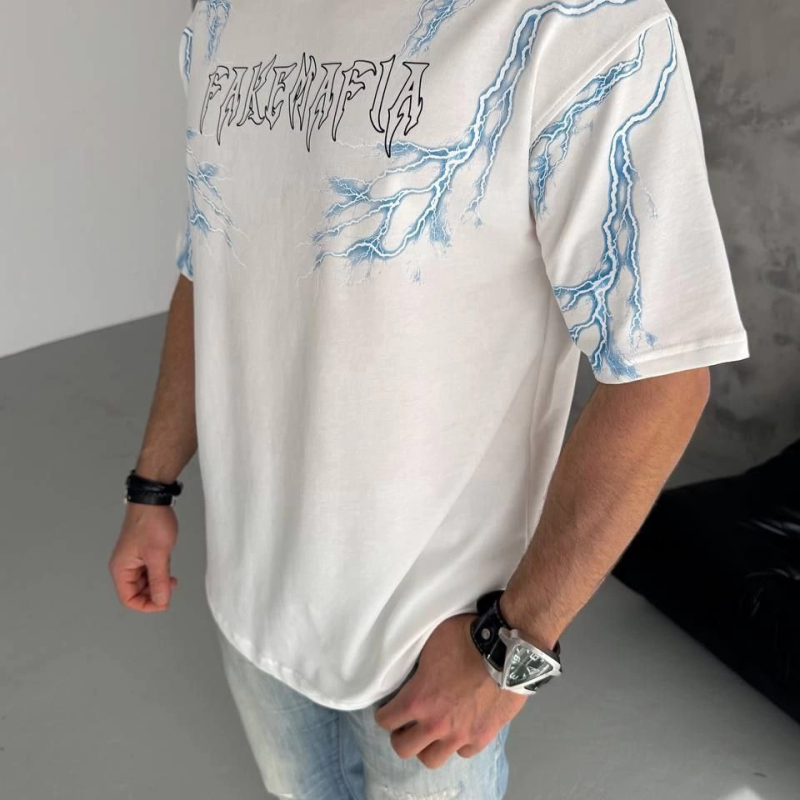 Bisiklet Yaka Baskılı Oversize T-Shirt - Beyaz