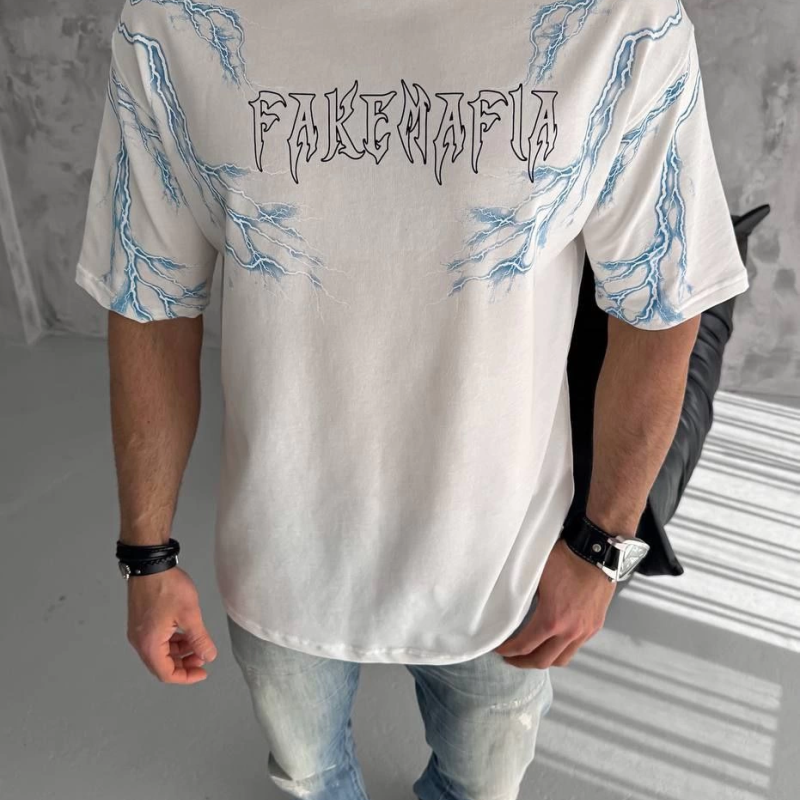 Bisiklet Yaka Baskılı Oversize T-Shirt - Beyaz