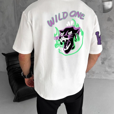 Bisiklet Yaka Baskılı Oversize T-Shirt - Beyaz