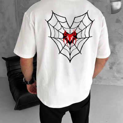 Bisiklet Yaka Baskılı Oversize T-Shirt - Beyaz -